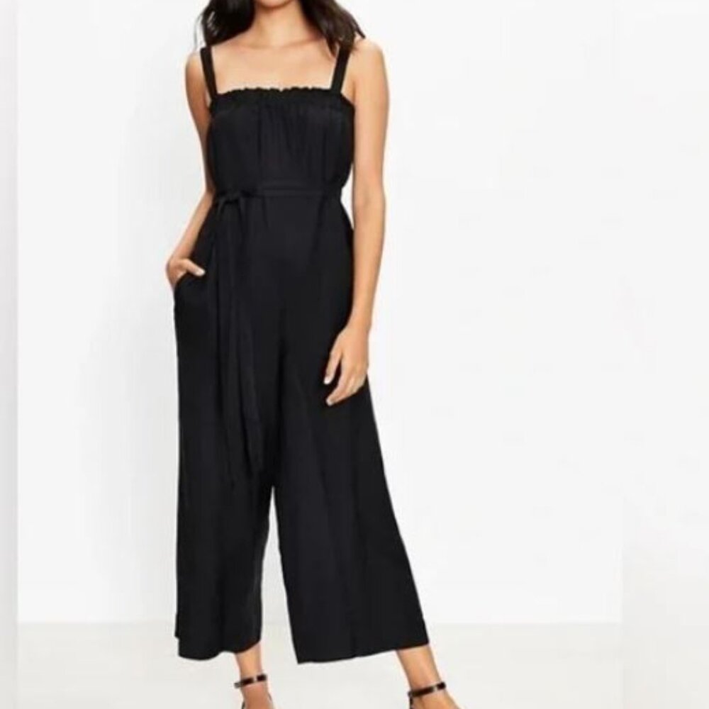NWT LOFT Beach Ruffle Square Neck Blue Cotton Jumpsuit Size XS Wide Leg